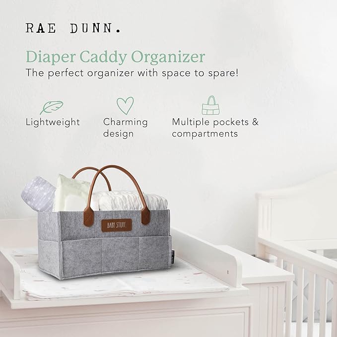 Rae Dunn Baby Diaper Caddy Organizer, Nursery Storage for Changing Table and Car, Portable Basket for Items, Shower Gifts, Grey Felt With Leather Handles, Small