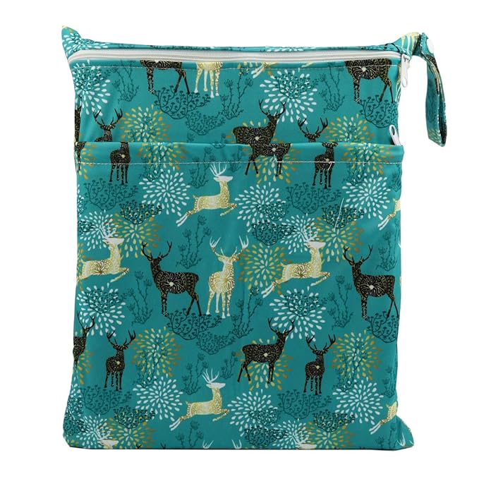 2 Wet Bags With Two Zippered Pockets Reusable Diaper Nappy Waterproof (Deer Heads and Regal Deer)