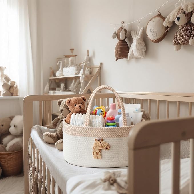Diaper Caddy Organizer Cotton Rope Diaper Caddy Basket Cute Giraffe Empty Gift Basket Nursery Storage Bin and Car Organizer with Removable Divider Baby Shower Gifts Newborn Essentials