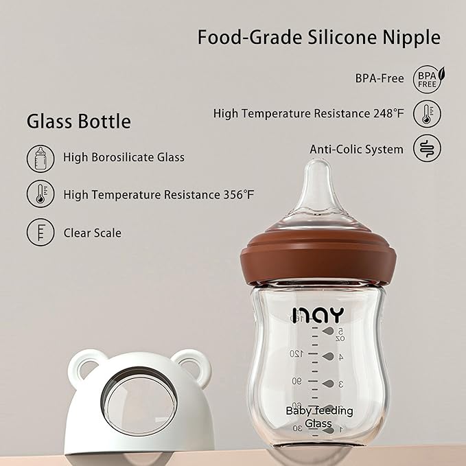 yanyoyo Natural Glass Baby Bottle for Breastfeeding Babies, 5.4oz Anti-Colic Baby Bottle with Natural Response Nipple(S), Clear, Wide Neck, 4 Pack, 1 Months+