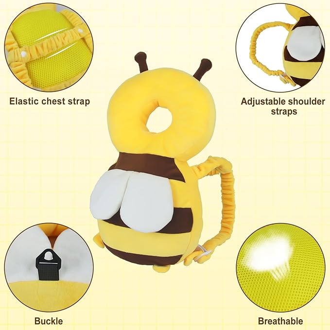 Baby Head Protector Backpack with Toddler Leash, Anti Lost Wrist Link, Adjustable Toddler Head Protection Backpack, 3 in 1 Cute Baby Fall Back Head Protector for Crawling Walking Gifts(Yellow Bee)