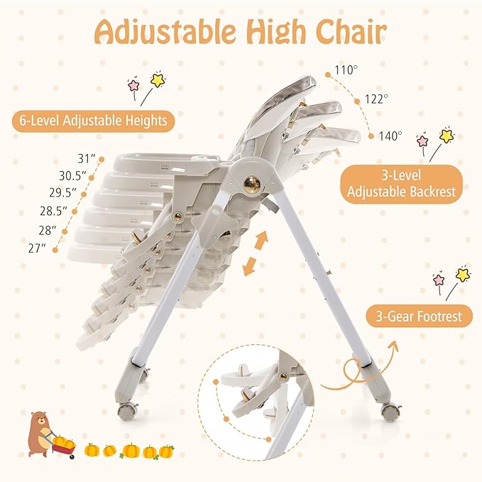 HOMGX Portable High Chair, Foldable Baby Feeding Chair with Adjustable Footrest & Backrest, Large Dishwasher-Safe Double Tray, Toddler Highchair for 6-36 Months, Grey