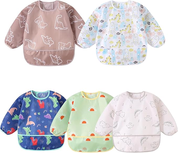 Long Sleeved Bibs,5 PCS Waterproof Wearable Bibs with Sleeves,Baby Feeding Smock 6-30 Months