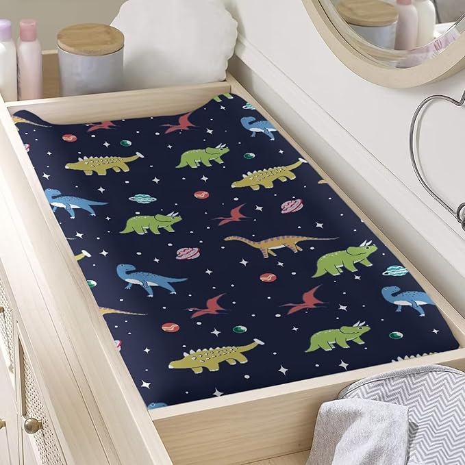 Dinosaur Space Changing Pad Cover Waterproof Nursery Pad Change Cover Stretchy Diaper Changing Mat Cover Fit 32"x16" Contoured Pad