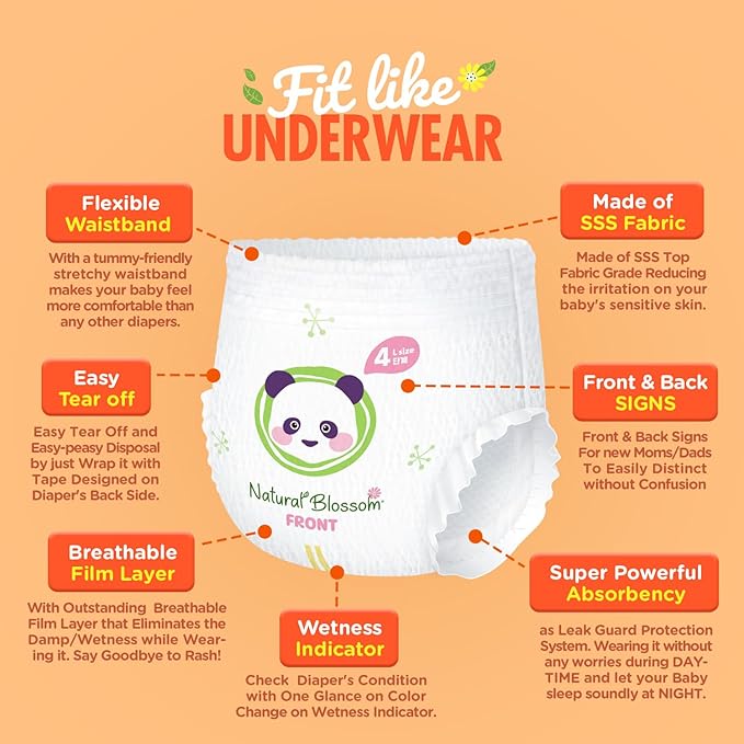Natural Blossom Pull-On Baby Diapers | Ultra-Slim, Hypoallergenic, Super Soft, Vegan | Size 4 (2T-3T, 20-31 lbs) | 96 Count