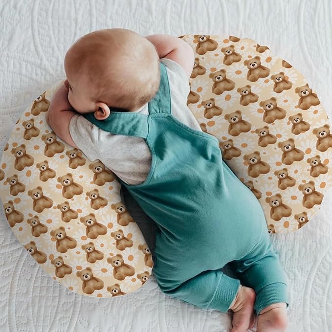 Vintage Bear Daisy Baby Nursing Pillow Covers for Boy Girl Retro Bears Boho Floral Nursing Slipcovers for Breastfeeding Pillows Boho Animals Soft Stretchy Removable Covers for Newborn Infant