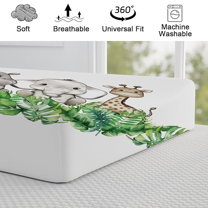 Baby Safari Animals Changing Pad Cover Cute Lion Elephant Giraffe Zebra Hippo Green Tropical Palm Leaves Change Table Pad Cover for Boys Girls Soft Stretch Fitted Diaper Changing Mat Sheets 32''x16''