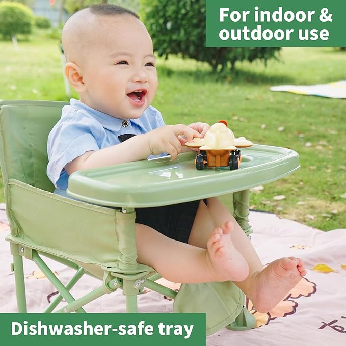 New Portable Travel Booster Seat with Tray|Foldable Infant Seat Booster Dining Chair|Great for Camping, Beach, Lawn|Toddler, Child Camping Chair 6 Months - 3 Years Old (Green)