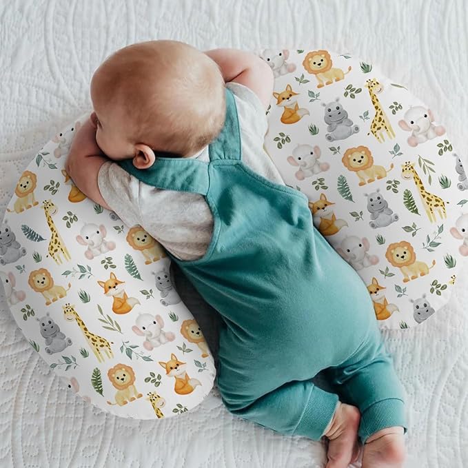 Safari Animals Baby Nursing Pillow Covers for Boy Girl Cute Lion Giraffe Elephant Hippo Tropical Leaves Nursery Pillowcase for Breastfeeding Pillows Zoo Jungle Soft Stretchy Slipcovers for Newborn