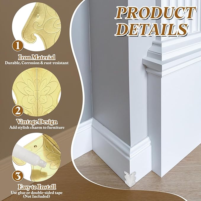 uxcell 10 Pcs Baseboard Corner Protectors, Skirting Board Corner Protector Vintage Metal Edge Cover with Screws for Furniture Table Cabinet Drawer, Yellow