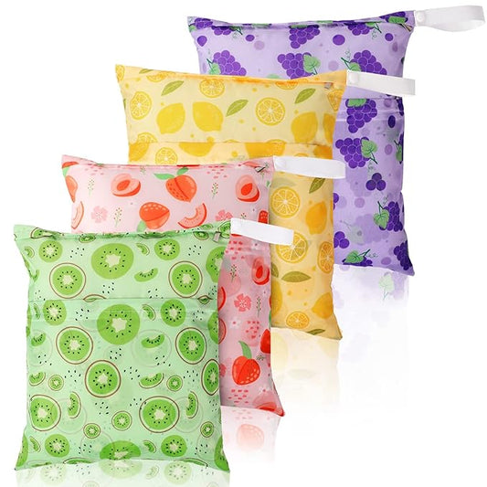 Frienda 4 Pieces Cloth Diaper Wet Dry Bag, Waterproof Reusable Washable Bag for Baby Items and Travel Zippered Pockets with Handle, Beach, Swimsuit, Dirty Gym Clothes and Toiletries(Fruit)