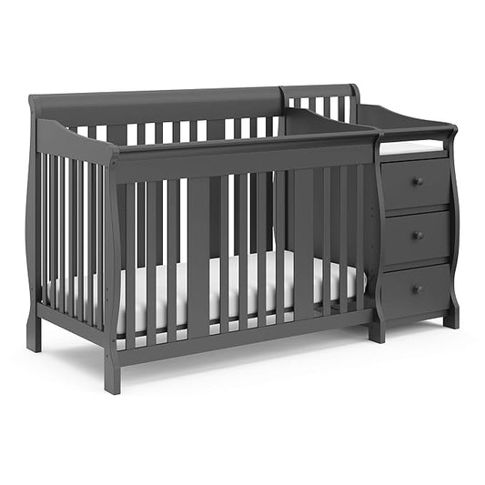 Storkcraft Portofino 5-in-1 Convertible Crib and Changer – Crib and Changing Table Combo with Drawer, Converts to Toddler Bed, Daybed and Full-Size Bed, Storage Drawer (Gray)