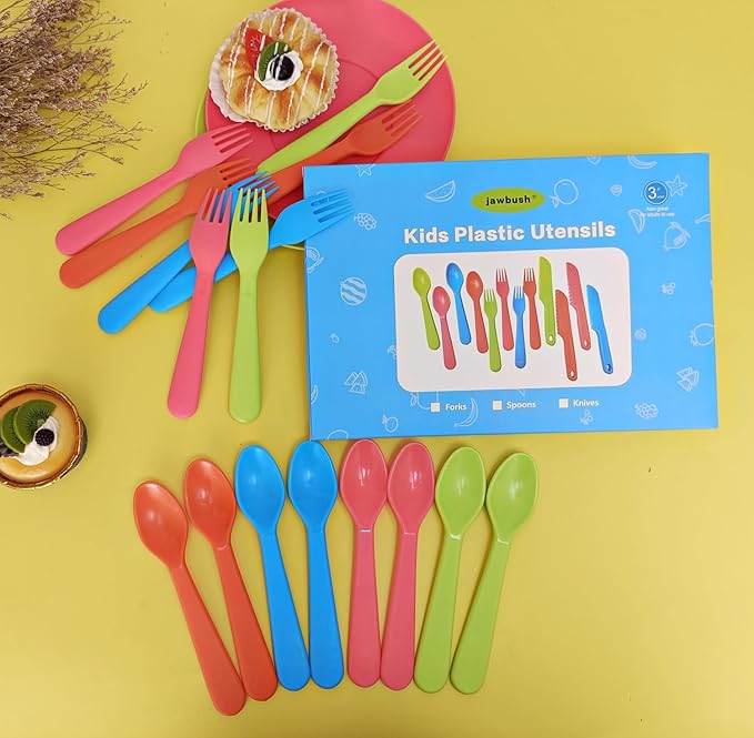 Jawbush 16 Pcs Kids Plastic Utensils, Reusable Toddler Feeding Utensils with 8 Forks and 8 Spoons, Colorful Kids Silverware Cutlery Set for School Lunch Box, BPA Free Dishwasher Safe