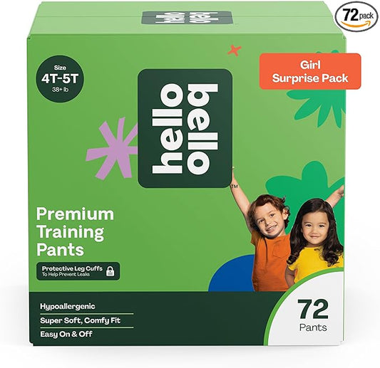 Hello Bello Premium Training Pants, Size 4T-5T (38+ lbs) Surprise Pack - 72 Count, Hypoallergenic with Soft, Cloth-Like Feel - Assorted Patterns for Girls