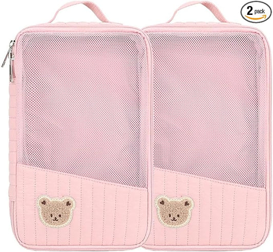 MOMIGO Baby Diaper Bag Organizer Pouches - 2 Pack Waterproof Pod Hanging Diaper Bag Cute Rabbit Bear Mesh Bag Reusable, Washable or Baby Cloth Diapers (Pink)
