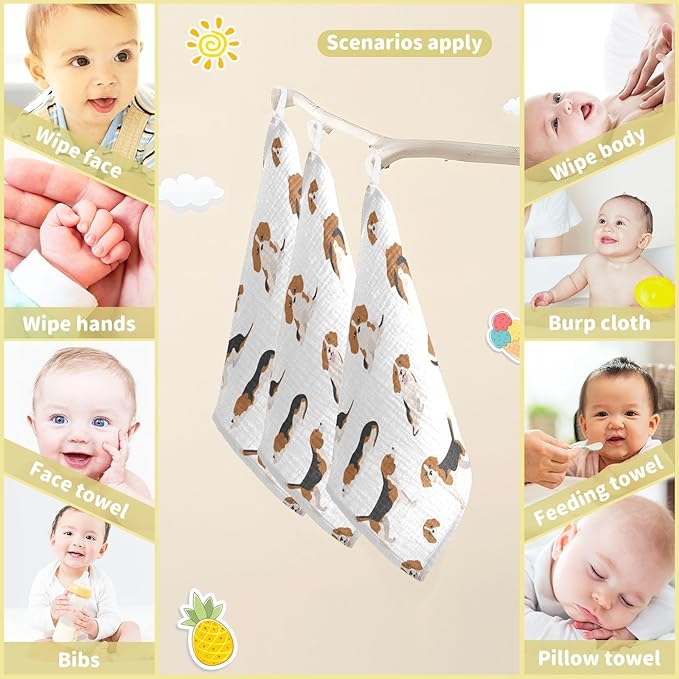 vvfelixl Beagle Puppy Baby Burp Cloths Baby Muslin Washcloths for Boys Girls Cotton Baby Face Towel for Newborn Infants Soft and Absorbent 11.8 X 11.8 in, 5 Pack