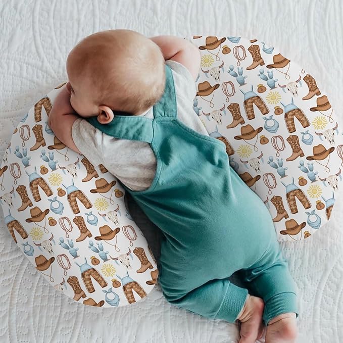Blue Western Cowboy Baby Nursing Pillow Covers for Boy Cowboys Boots Hat Horse Cactus Sun Cow Skulls Nursery Slipcover for Breastfeeding Pillows Wild West Soft Stretchy Cover for Newborn Infant