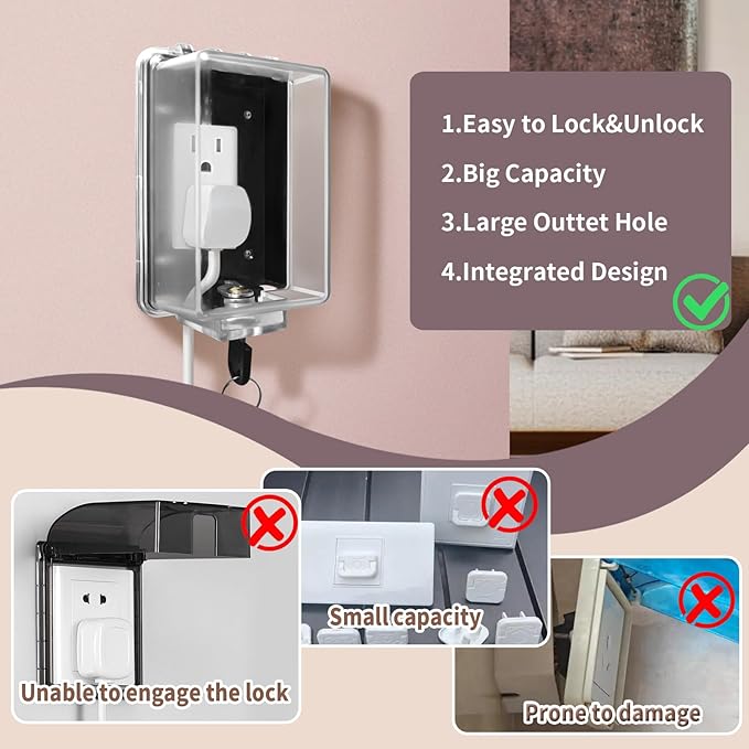 Baby Safety Outlet Cover Box-Key Lock for Much Better Toddler Proofing,Easier Operation,Simple 4 Step Install with Included Screws,Suitable for all Standard Electrical Outlets and Wall Switch