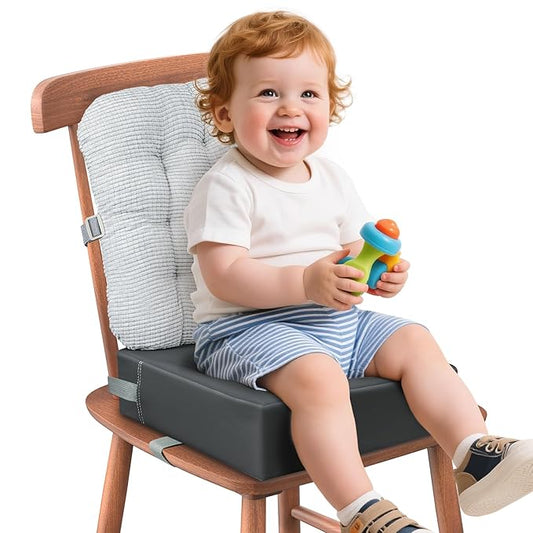 Booster Seat for Kitchen Chair Dining Table with Comfy Backrest Pillow and Adjustable Safety Buckles,Non-Slip Kid Toddler Booster Seat for Dining Table, PU Travel Baby Booster Cushion Chair
