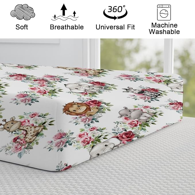 Baby Safari Animals Boho Floral Changing Pad Covers Lion Elephant Giraffe Zebra Hippo Roses Diaper Change Table Pad Covers for Girl Boy Soft Breathable Stretch Changing Mat Sheets 32''x16''