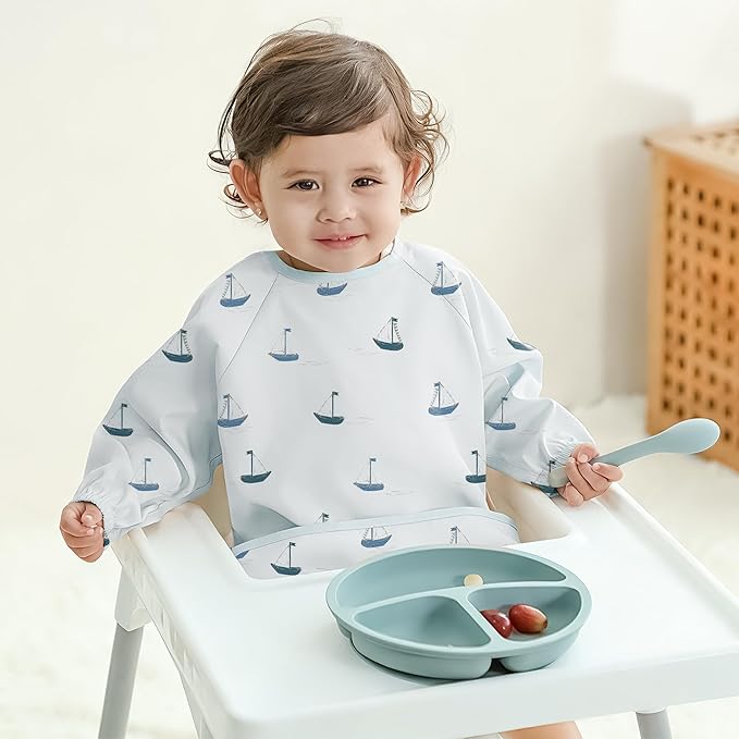Susurration Baby Long Sleeve Bib 2 Pack Waterproof Sleeved Bib Smock for Baby, Baby Reusable Feeding bibs, 6-36 Months Baby Feeding Essentials - Blue Boat