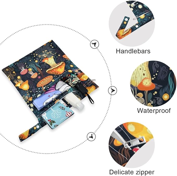 Mushrooms Forest Wet Dry Bag for Baby Cloth Diaper Waterproof Reusable Travel Wet Bag with Two Zippered Pockets for Swimsuits, 2 Pcs