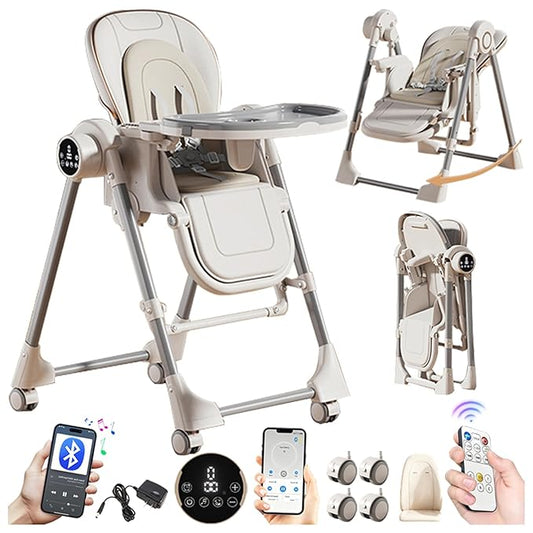 Nine point nine Electric Bluetooth Smart PU Leather High Chair with Swinging Function, Baby High Chairs for Babies and Toddlers, Baby Feeding Chairs Seat, Removable Wheels, Double Tray (E8121 White)