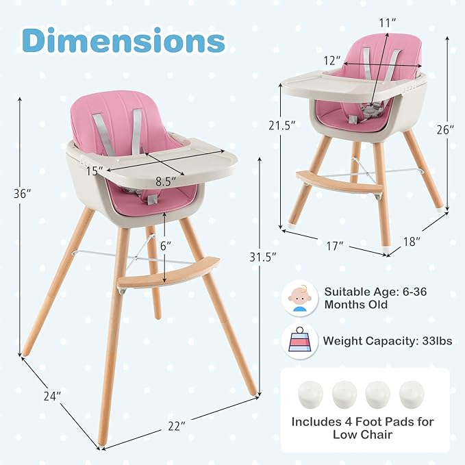 HONEY JOY Baby High Chair, 6-in-1 Eat & Grow Wooden Highchair/Toddler Chair with Removable Tray, 5-Point Harness, PU Cushion and Footrest, Convertible High Chair for Babies and Toddlers(Pink)