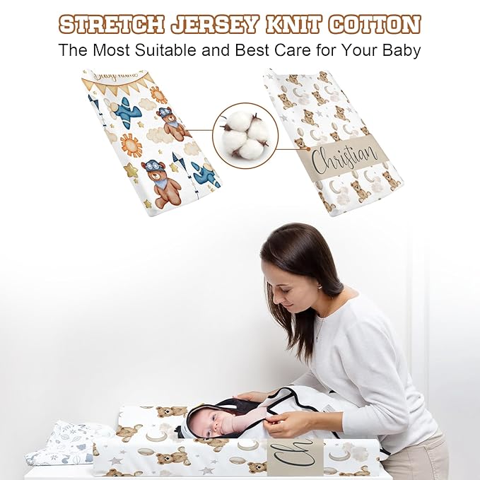 Personalized Baby Changing Pad Cover - 2 Piece Bear Pattern Baby Pee Pad Cover Nursery Bedding with Name, Portable Diaper Changing Pad Gifts for 0-6 Years Infant