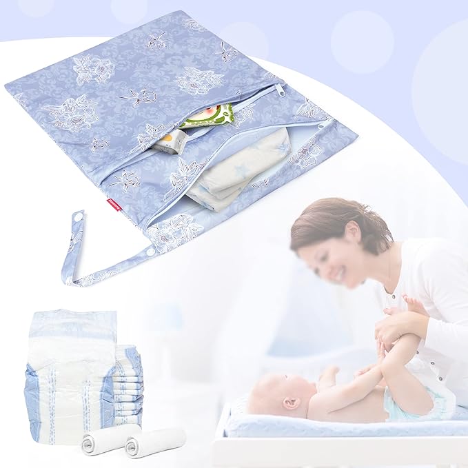 Damero 2 Pcs Wet Dry Bag for Cloth Diaper, Swimsuit, Clothes, Water-Resistant Reusable Wet Bag for Travel, Exercise, Beach, Pool, Daycare, Gray Flowers