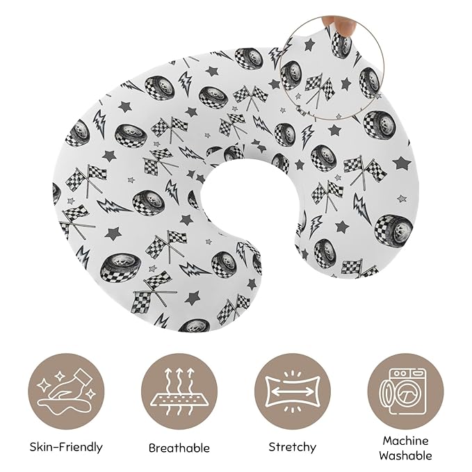 Cute Race Car Flag Black and White Plaid Nursing Pillow Cover Stretchy Removable for Baby Girls Boys Tire Stars Checkered Vehicles Pillow Slipcover for Breastfeeding Moms for Newborn Infant
