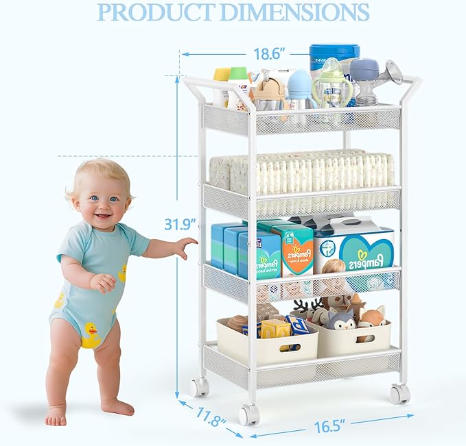 4-Tier Baby Diaper Caddy Cart, Diaper Caddy Organizer and Storage, Nursery and Baby Essentials Storage, Rolling Utility Cart for Bedroom and Bathroom, White
