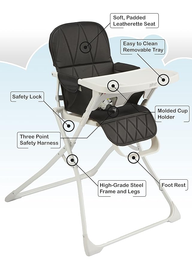 Primo PopUp Folding High Chair for Baby Age 6 to 36 Months - Black Folding Beach Style High Chair with Removable Dishwasher Safe Tray, 3pt Safety Harness, Leatherette Seat - Space Saving Design