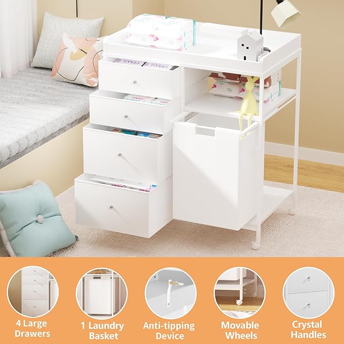32.6" Baby Changing Station with 4 Drawers and 4 Wheels Diaper Changing Station with Changing Table Top Baby Classic Nursery Dresser with 1 Open Shelf and 1 Laundry Hamper for Newborn,White