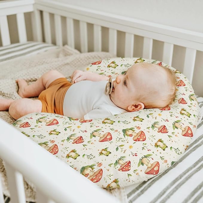 Green Frogs Mushroom Forest Baby Nursing Pillow Covers for Boy Girl Fairytale Frogs Nursing Slipcovers for Breastfeeding Pillows Animal Soft Stretchy Removable Cover for Newborn Infant