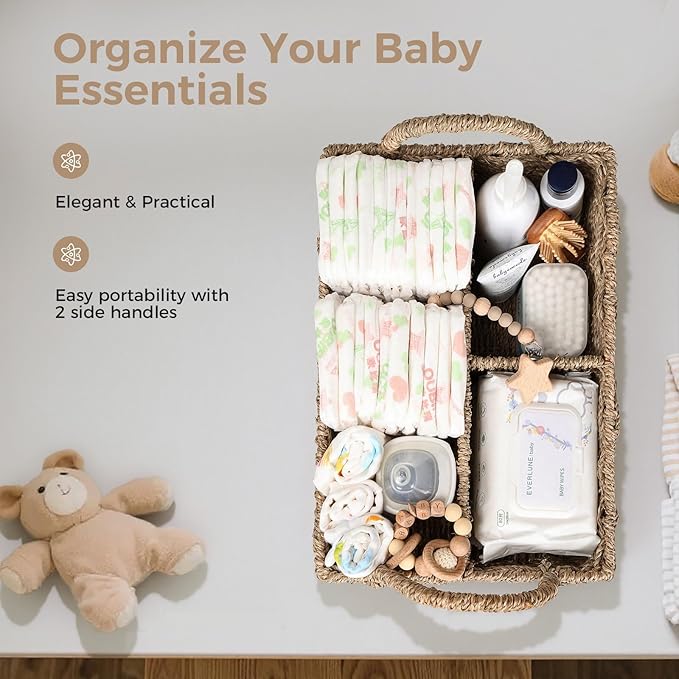 Diaper Caddy Organizer, Hand Rattan Nursery Baby Basket Changing Table Organizer for Baby Essentials, Baby Shower Gifts, Versatile Shelf Basket Bathroom/Kitchen Organizer (Natural, L)