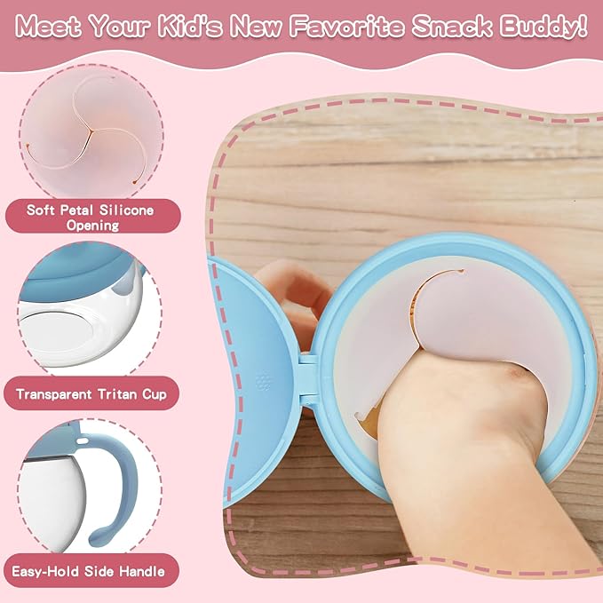 BeneLabel 2 Pack 12.3 Oz Snack Cups for Toddlers Spill Proof Food Grade Tritan Baby Snack Container with Cute Frog Lid and Handle PVC Free Kids Snack Catcher Fit for On-the-Go (Pink & Blue)