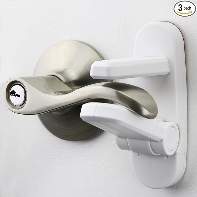 Door Lever Lock (3 Pack) Prevents Toddlers from Opening Doors. 3.25" L * 1.5" W * 4.5" H Easy One Hand Operation for Adults. Durable ABS with 3M Adhesive Backing. Simple Install, No Tools Needed.