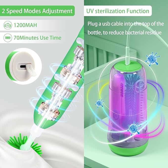 Electric Baby Bottle Brush, Rechargable Electric Bottle Brush Cleaner for Travel, Portable Baby Bottle Cleaner Brush Set with Silicone Bottle Brush, Nipple Brush, Straw Brush(Vintage Green)