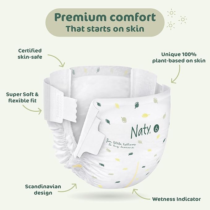 Naty BioEmbrace Baby Diapers | Sensitive Skin Safe Certified | Leak Protection up to 100% | Plant-Based Softness, Premium Comfort | Chlorine-Free | Size 6 (35+ lbs), 102 Count