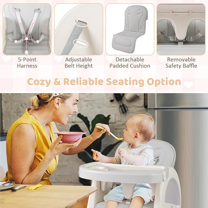 BABY JOY Baby High Chair, 8 in 1 Convertible High Chairs for Babies and Toddlers, Building Block Table and Chair Set, Adjustable Backrest, Removable Double Tray, Storage Boxes, Safety Harness (Gray)