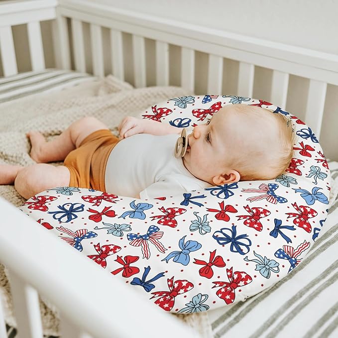 American Flag Bows Stars Baby Nursing Pillow Covers for Boy Girl Patriotic Ribbons Nursing Slipcovers for Breastfeeding Pillows Cute 4th of July Bows Soft Stretchy Removable Cover for Newborn Infant