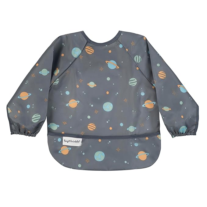 Tiny Twinkle Long Sleeve Bib for Babies & Toddlers | Waterproof Smock Bib for Eating | Machine Washable & Mess-Proof Feeding Essentials | Newborn Shower Gift (Space, 6–24M)