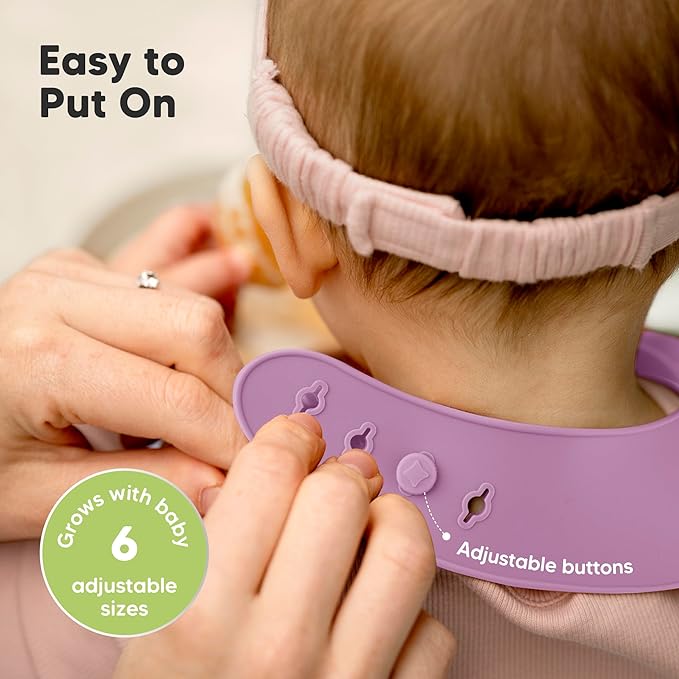 KeaBabies 2-Pack Silicone Bibs for Babies, Toddlers Girl, Boy – Sturdy Food-Grade Baby Bibs for Eating, Large Food Catcher, Clean & Put On Easily, Waterproof Toddler Feeding Essentials (Amethyst)