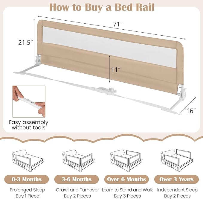 HONEY JOY Bed Rail for Toddlers, 71-in Extra Long, Portable Safety Bed Guardrail w/Double Safety Child Lock, Foldable Baby Bed Rail Guard, Fit King & Queen Full Twin Size Bed Mattress(Beige, Pack 2)