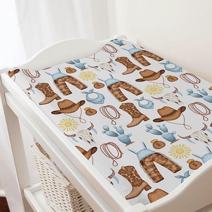 Western Cowboy Baby Changing Pad Cover for Boys & Girls 32''x16'' Desert Cowboy Hat Boot Sun Cactus Unisex Fitted Changing Table Mats Sheets Soft Breathable Cradle & Bassinet Sheets Blue