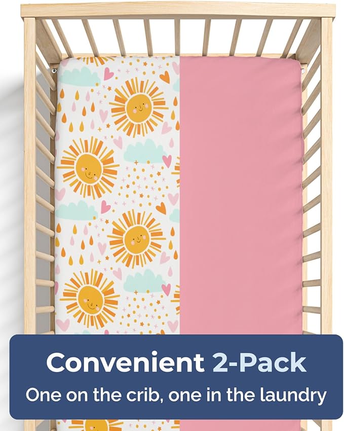 Baby Crib Sheets for Boys & Girls - Pack of 2 Fitted Microfiber Crib Sheets for Standard Crib & Toddler Mattress - Soft, Breathable & Wrinkle Free - Machine Washable, Oeko Tex - 52x28x8in - Sunny Drop