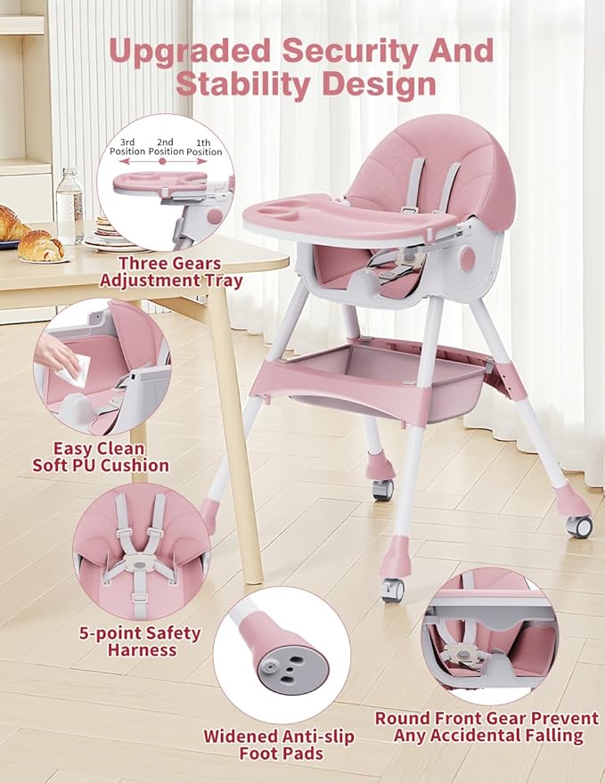 High Chairs for Babies and Toddlers, 4 in 1 Convertible Baby High Chair, Portable High Chair for Travel with Adjustable Height and Back, Foldable HighChair with Wheels& Pu Cushion