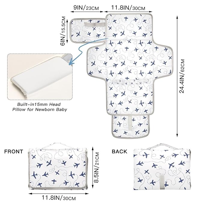 Blue Airplanes Portable Diaper Changing Pad with Wipes Holder, Air Plane Transportation Paw Foldable Baby Diaper Changer Travel Bag White Baby Changing Mat with Built-in Pillow for Newborn