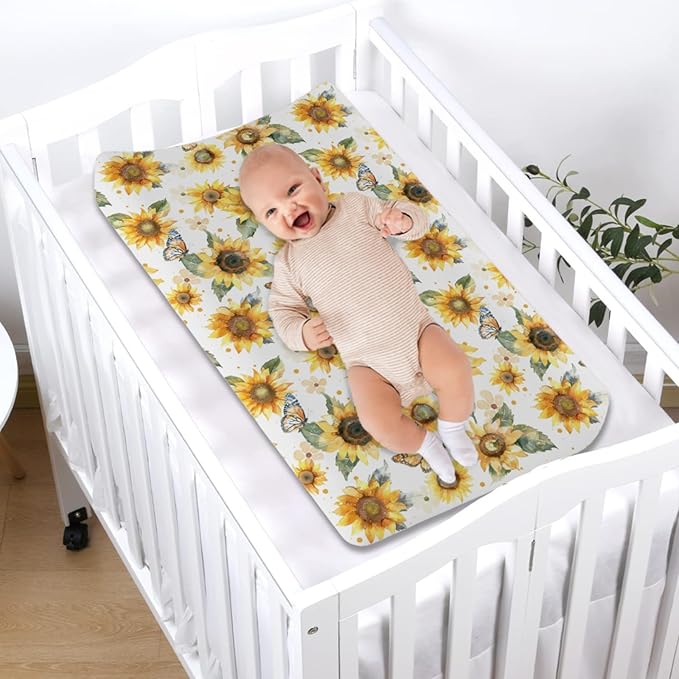 Watercolor Sunflowers Butterflies Baby Changing Pad Cover for Girl Boy Yellow Sunflower Nursery Diaper Changing Pad Sheets Boho Floral Soft Breathable Stretchy Fitted Change Table Mats 32''x16''
